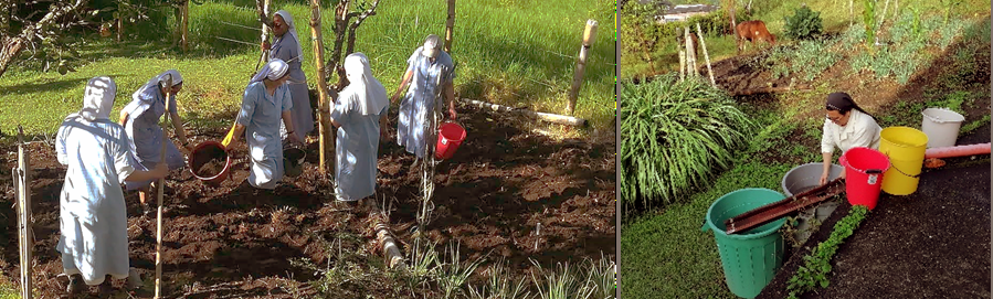 Novices dans le verger de Villa Clara et Sœur Irma recueillant l'eau de pluie.